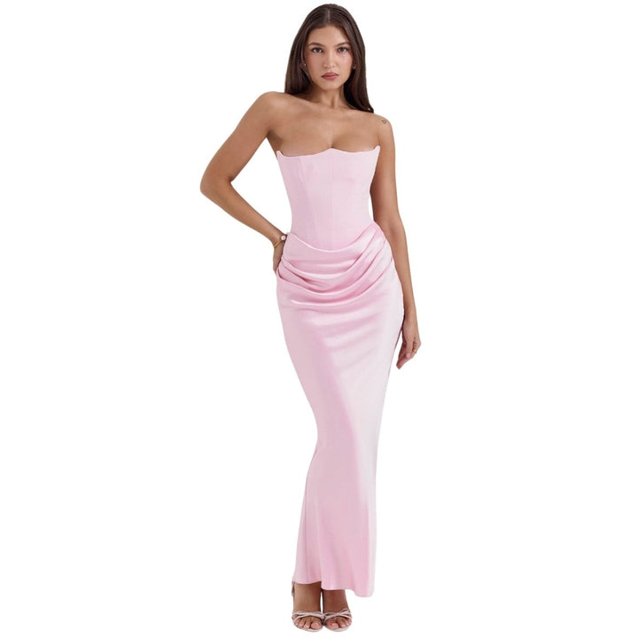 Women's Gown Strapless Corset Satin Structured Bodice Maxi Length