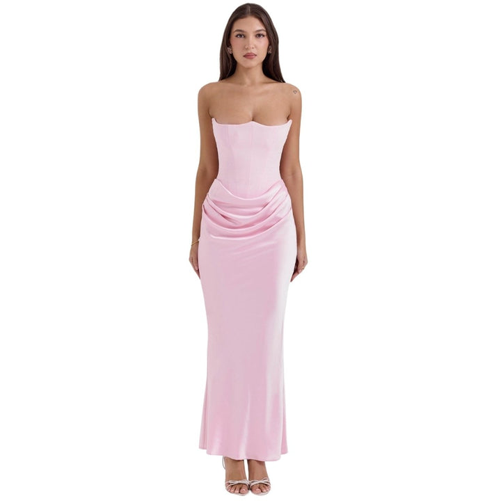 Women's Gown Strapless Corset Satin Structured Bodice Maxi Length