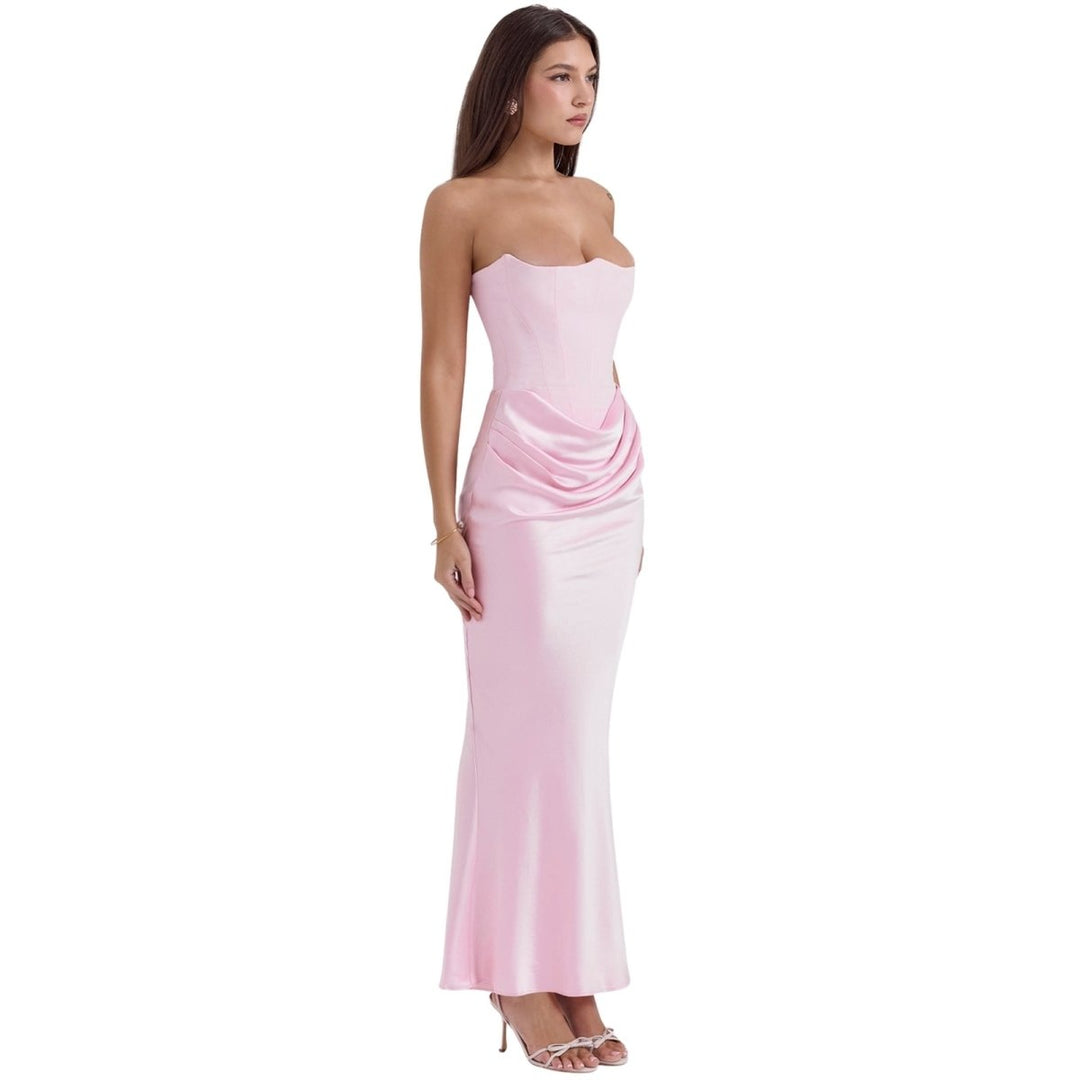 Women's Gown Strapless Corset Satin Structured Bodice Maxi Length