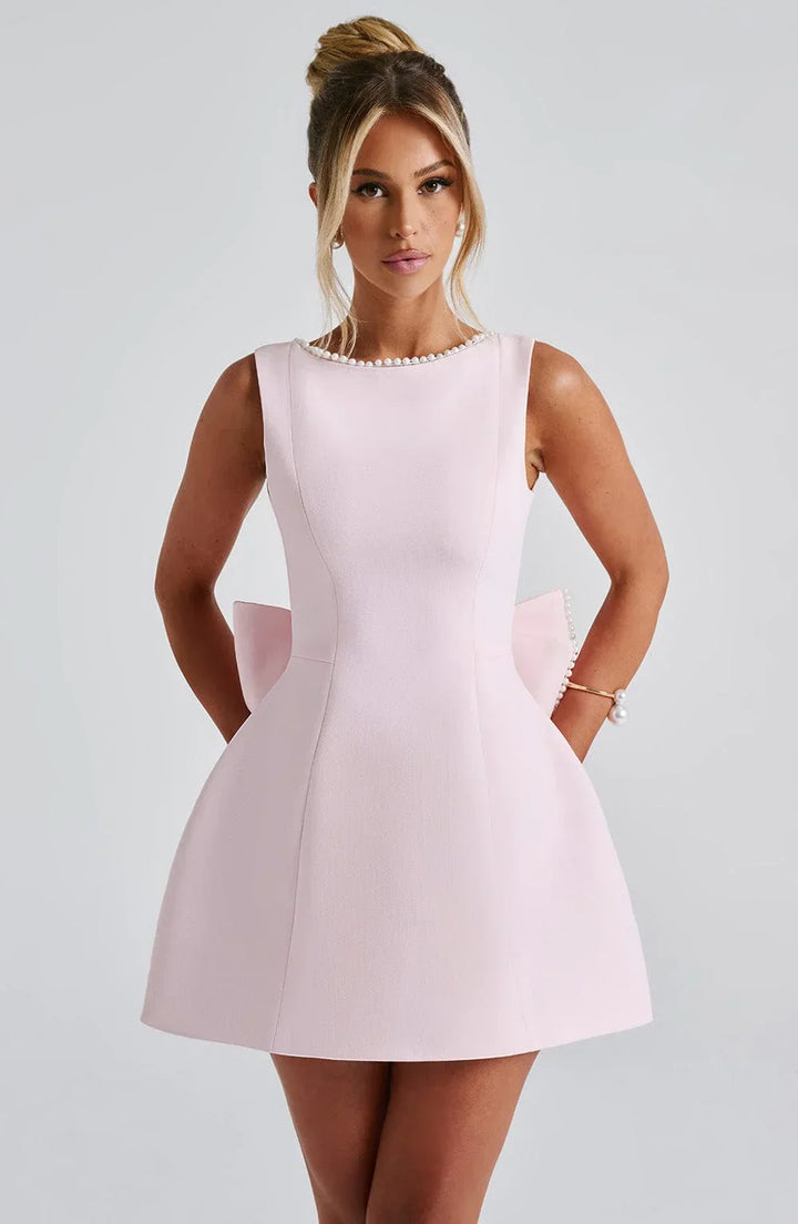 Women's Satin Sleeveless Back Bow Detail Short Evening Dress