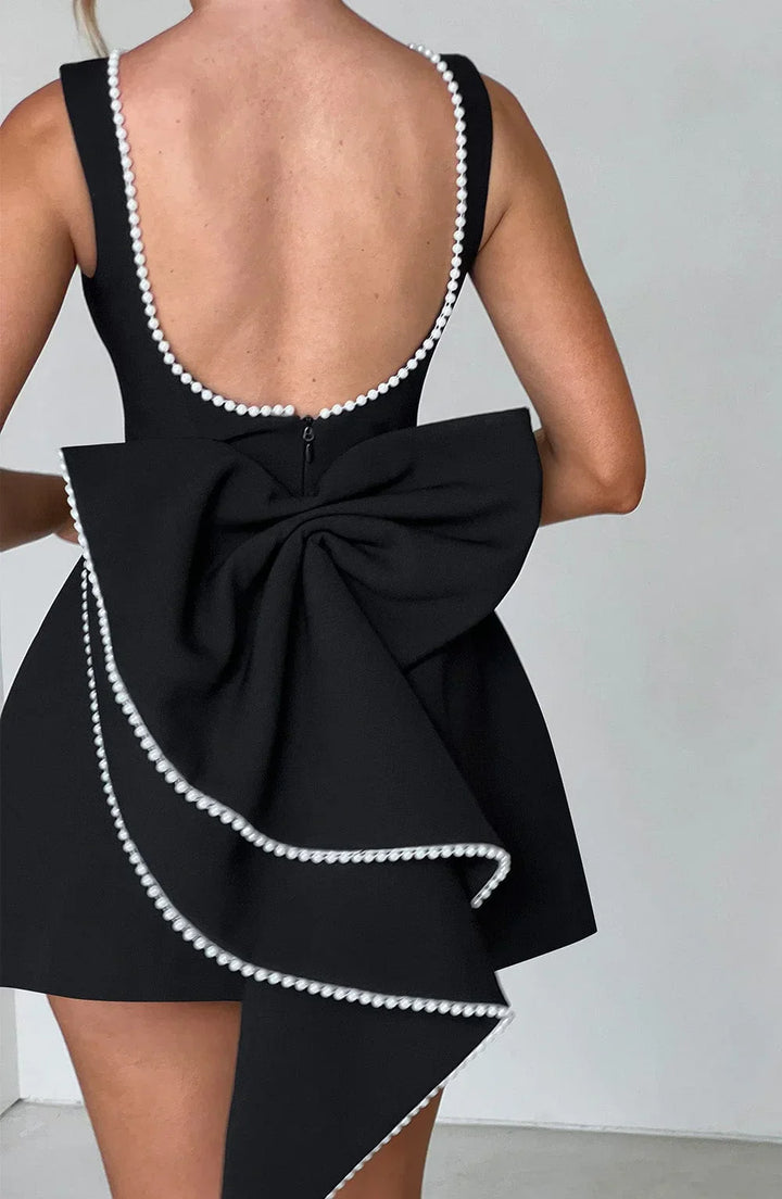 Women's Satin Sleeveless Back Bow Detail Short Evening Dress