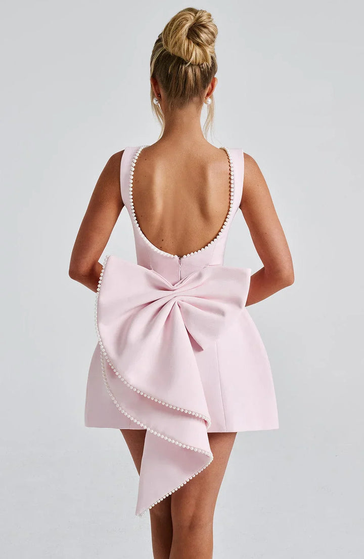 Women's Satin Sleeveless Back Bow Detail Short Evening Dress