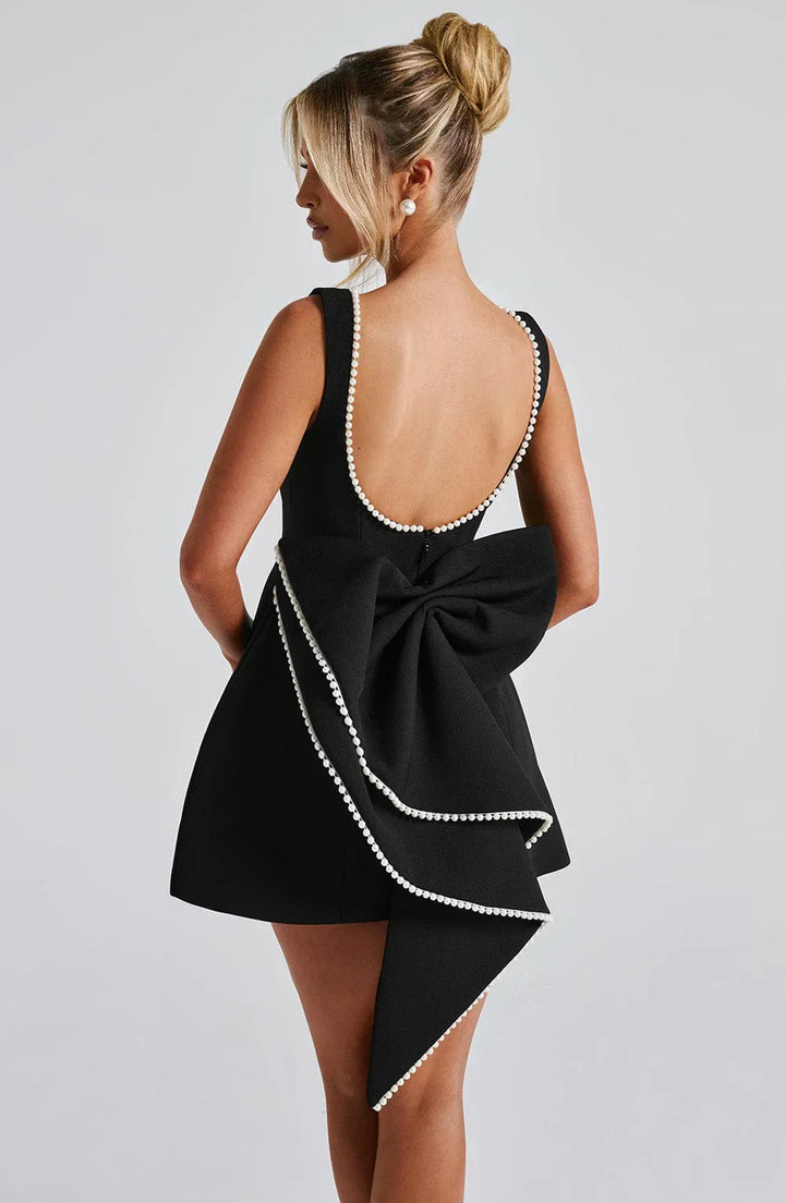 Women's Satin Sleeveless Back Bow Detail Short Evening Dress