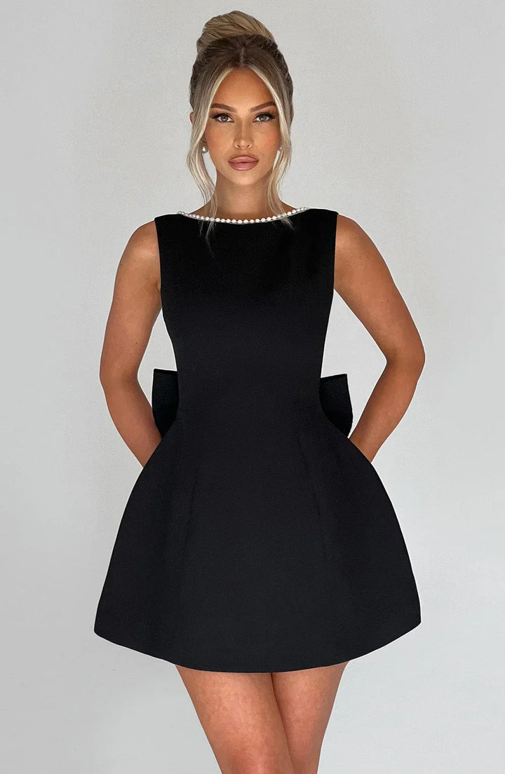 Women's Satin Sleeveless Back Bow Detail Short Evening Dress