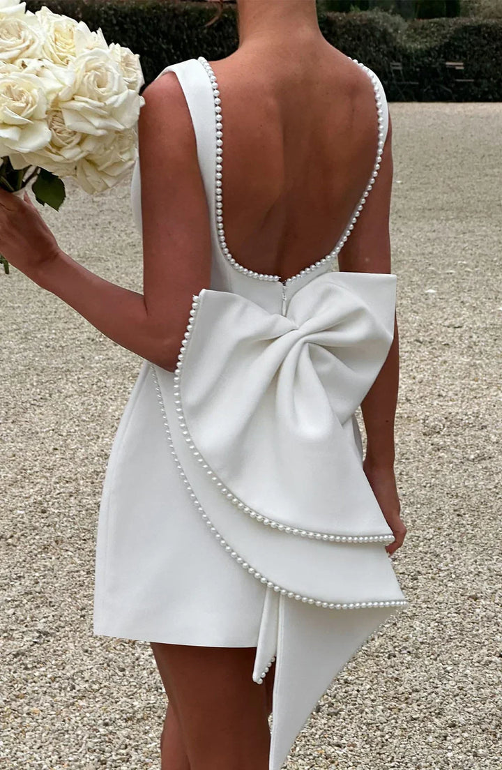 Women's Satin Sleeveless Back Bow Detail Short Evening Dress
