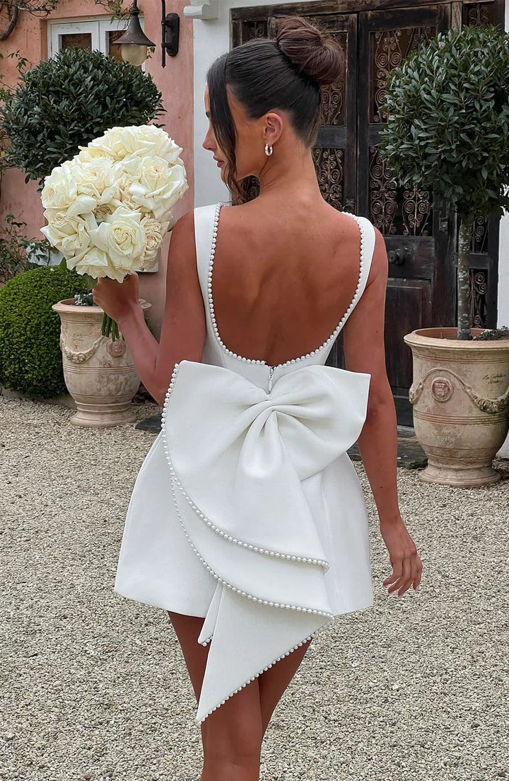 Women's Satin Sleeveless Back Bow Detail Short Evening Dress