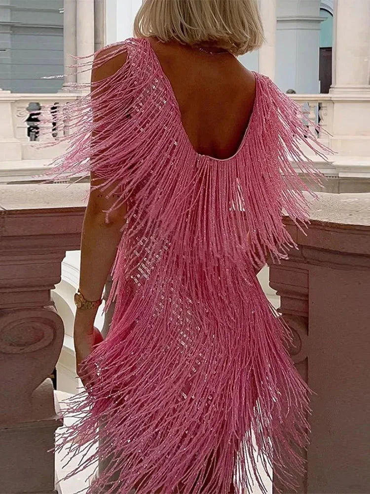 Women's Dress Satin Sleeveless Fringe Detail
