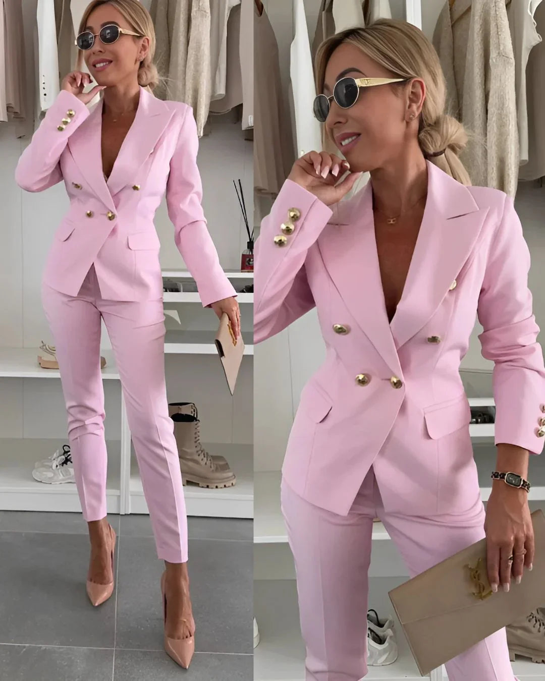 Women's Suit Set Double Breasted Slim Fit Button-Up