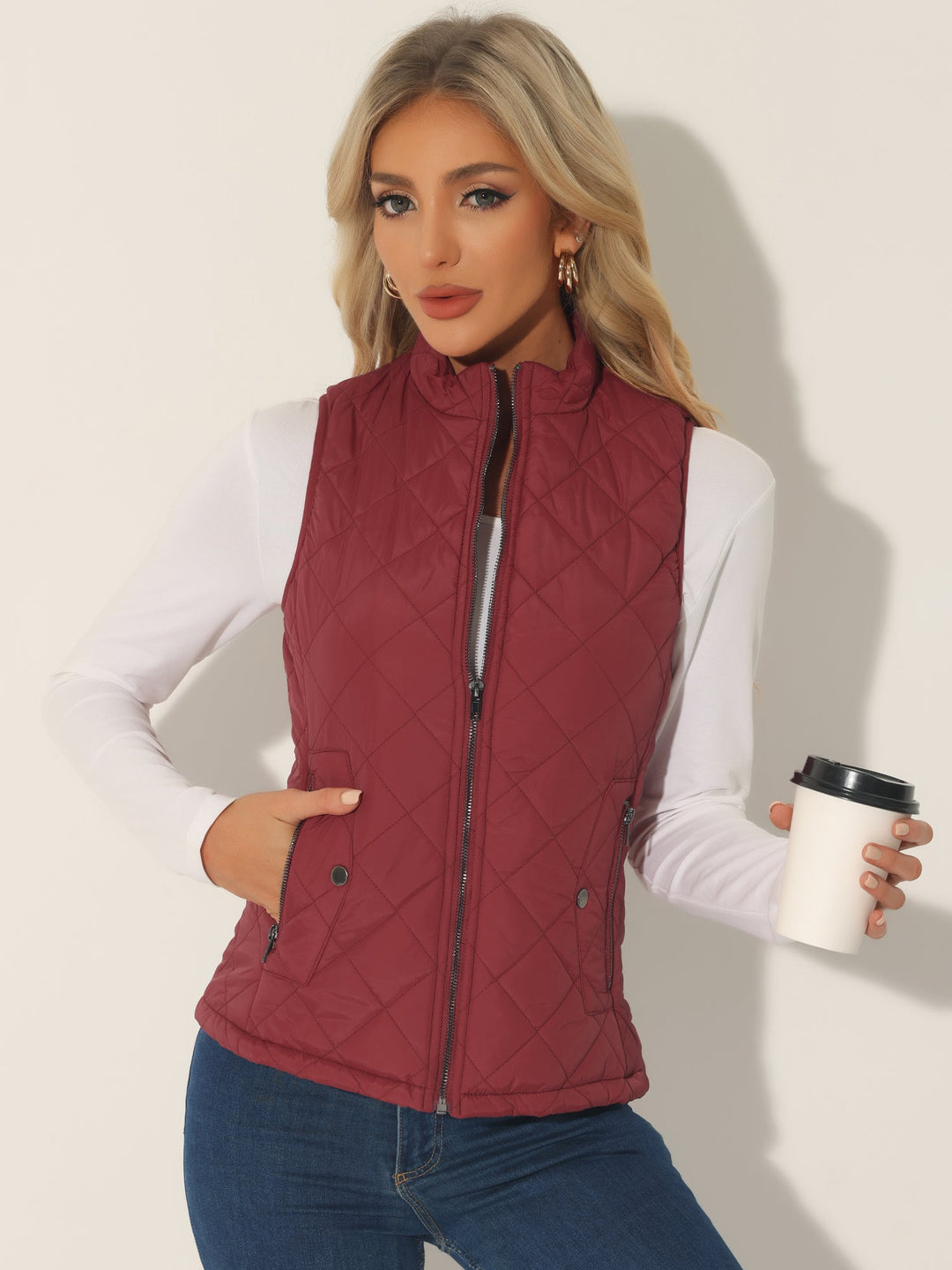 Women's Vest Quilted Lightweight Stand Collar Zip-Up Sleeveless Regular Fit