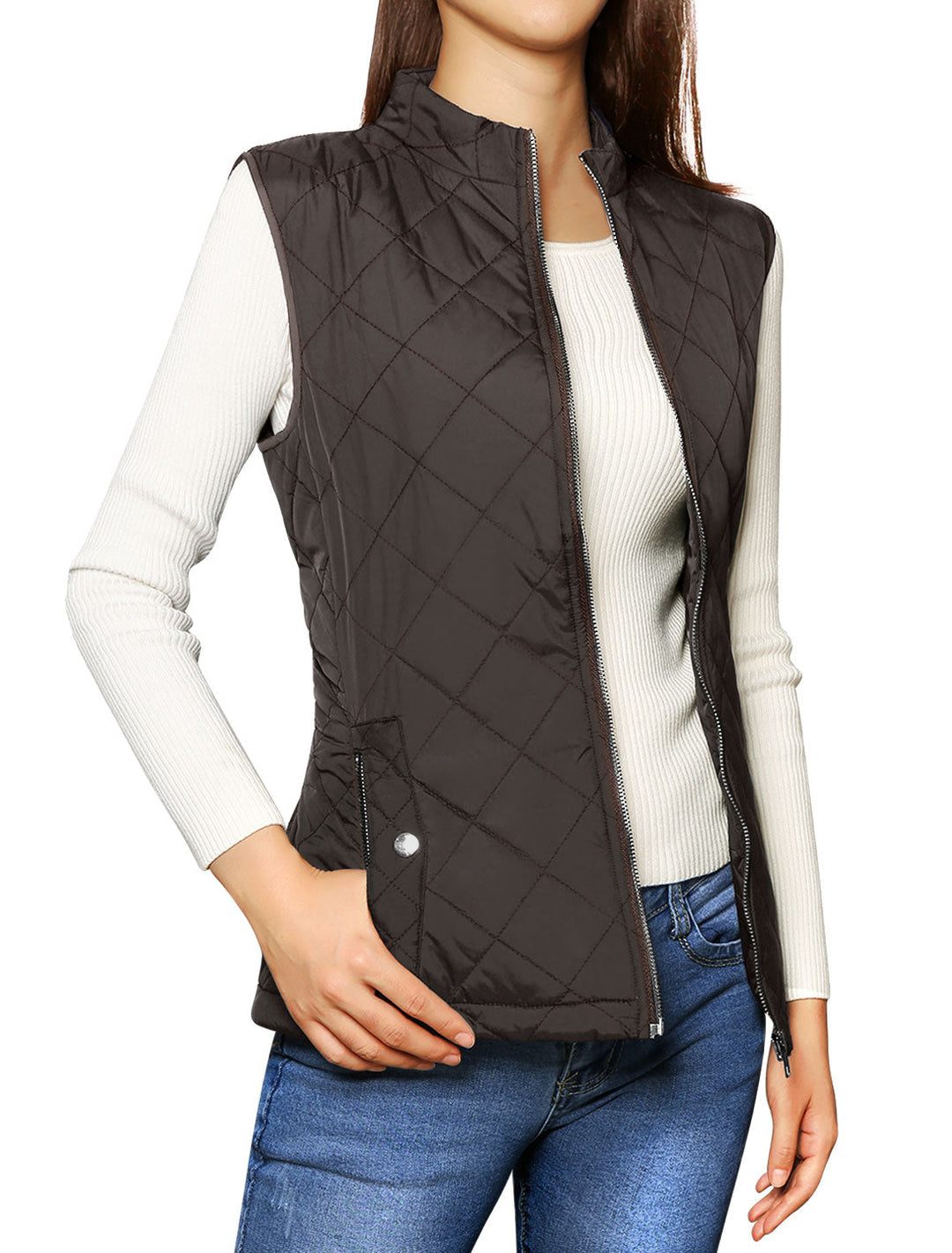 Women's Vest Quilted Lightweight Stand Collar Zip-Up Sleeveless Regular Fit
