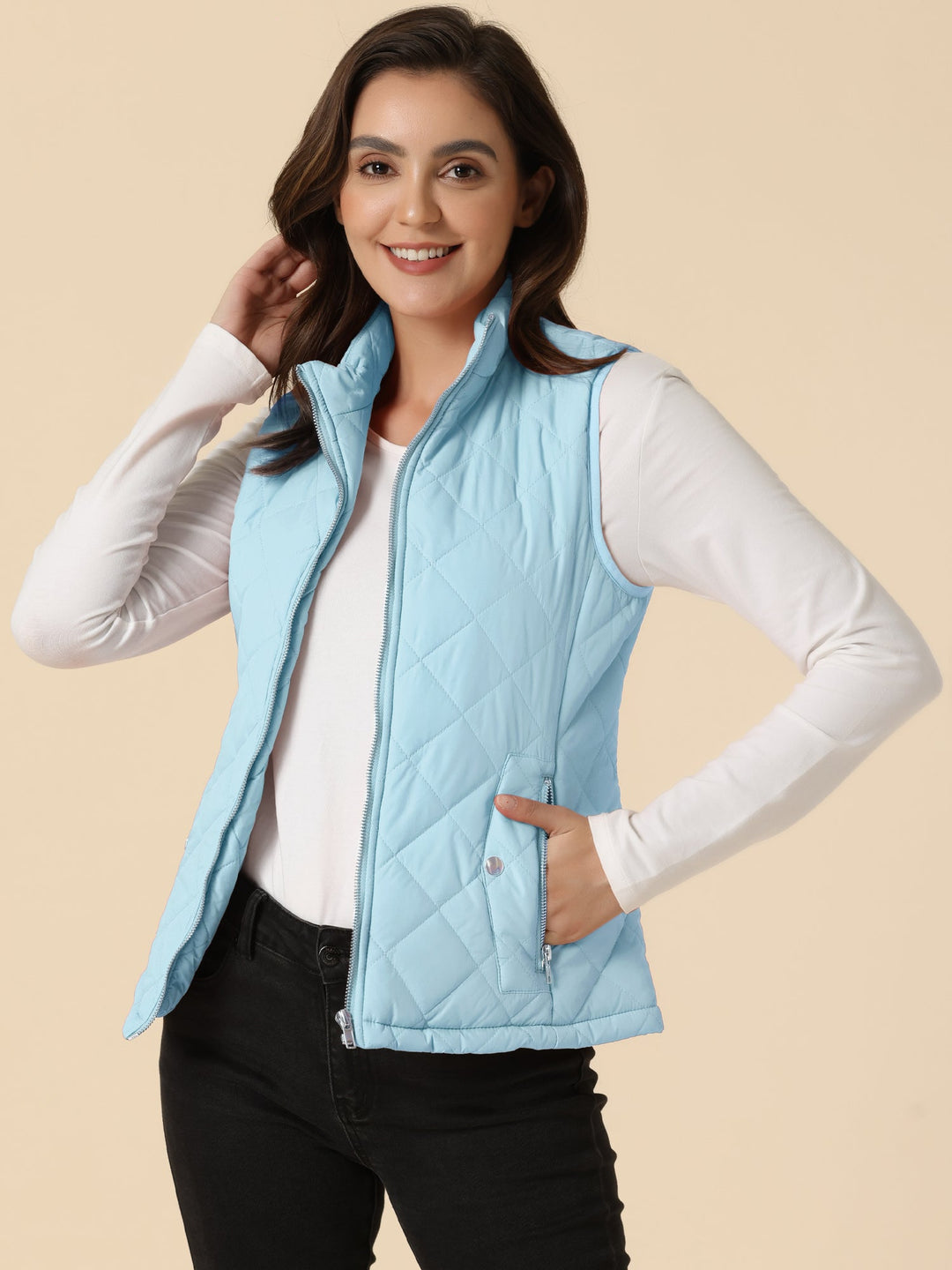 Women's Vest Quilted Lightweight Stand Collar Zip-Up Sleeveless Regular Fit