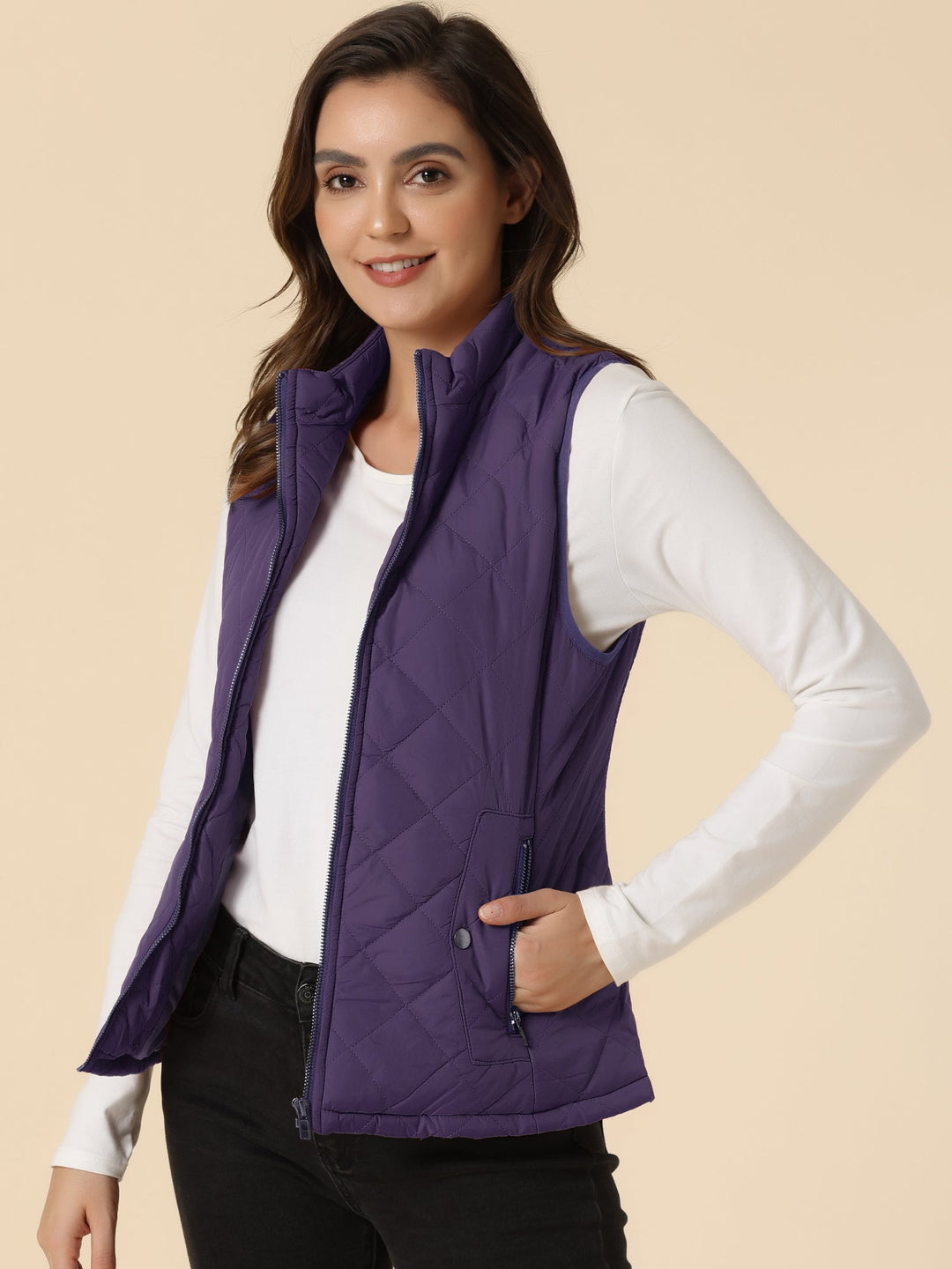 Women's Vest Quilted Lightweight Stand Collar Zip-Up Sleeveless Regular Fit
