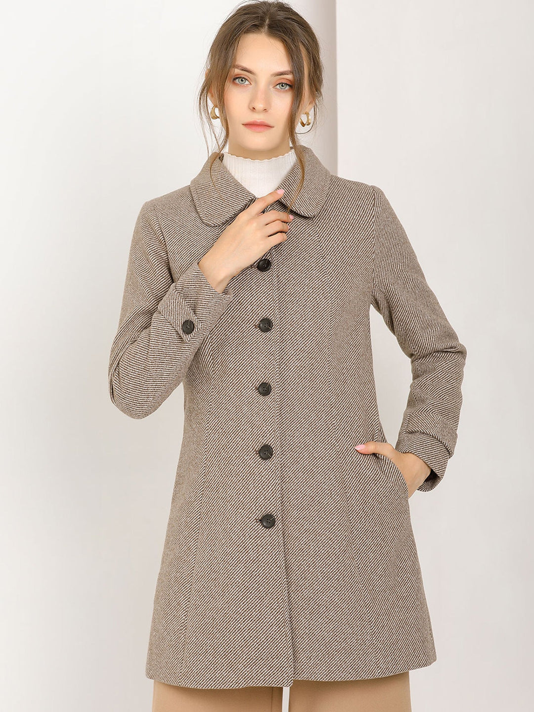 Women's Pea Coat Peter Pan Collar Single Breasted Long Sleeve