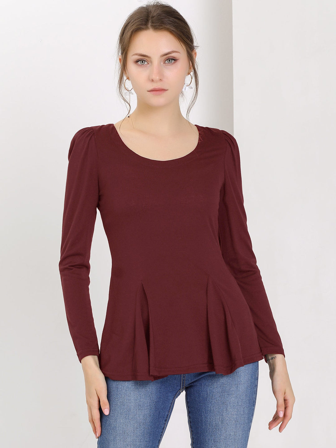 Women's Blouse Peplum Slim Fit Long Sleeve Scoop Neck Padded Shoulder