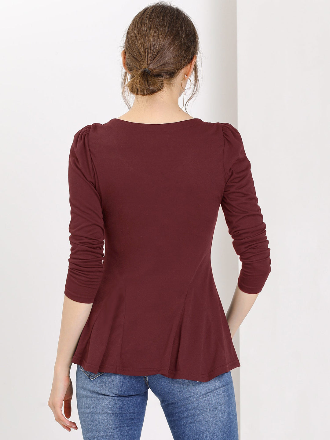 Women's Blouse Peplum Slim Fit Long Sleeve Scoop Neck Padded Shoulder