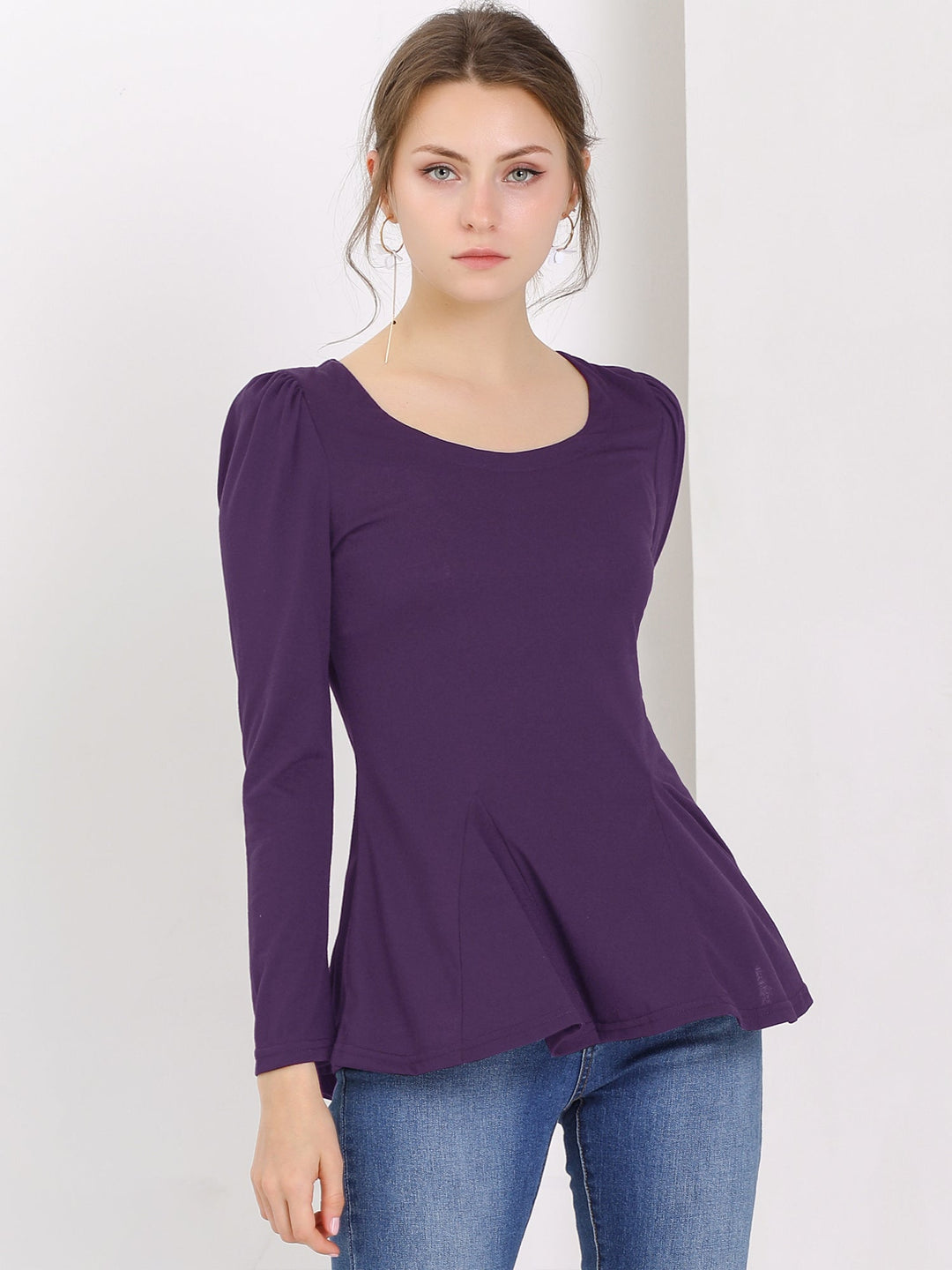 Women's Blouse Peplum Slim Fit Long Sleeve Scoop Neck Padded Shoulder