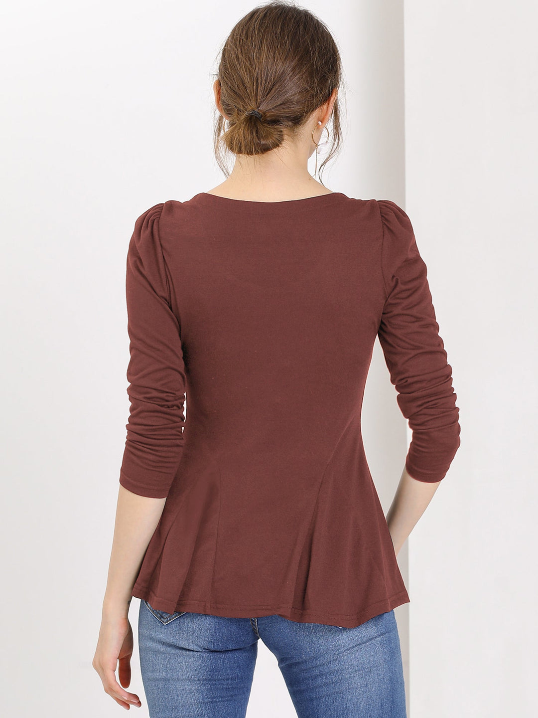 Women's Blouse Peplum Slim Fit Long Sleeve Scoop Neck Padded Shoulder
