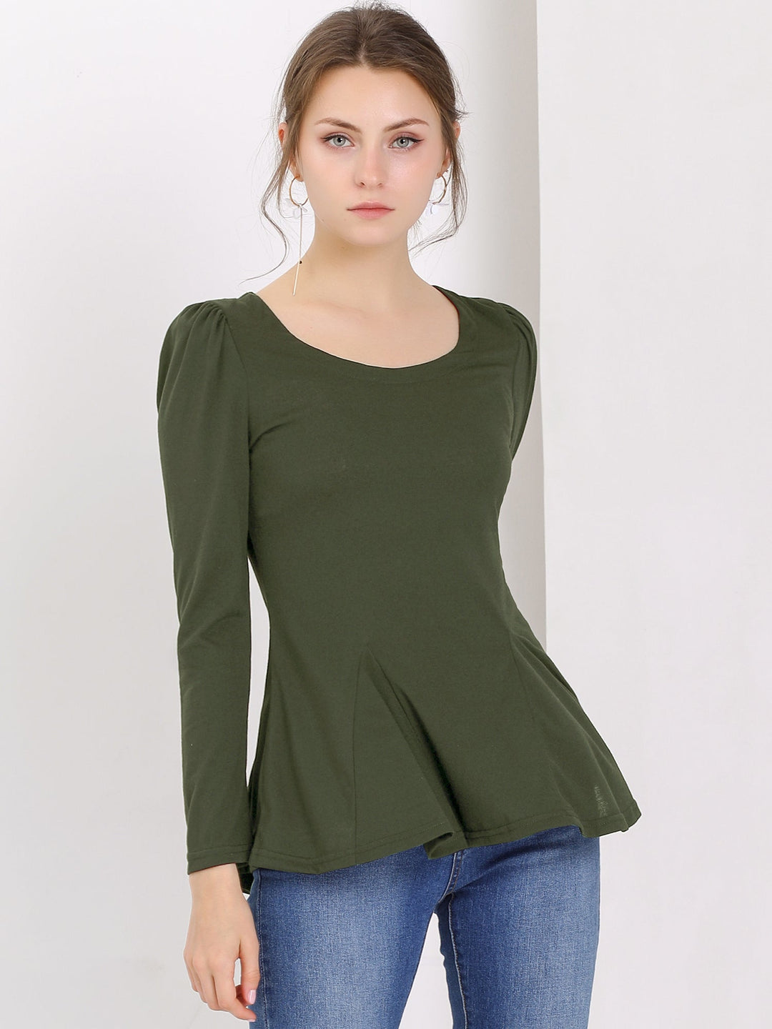 Women's Blouse Peplum Slim Fit Long Sleeve Scoop Neck Padded Shoulder