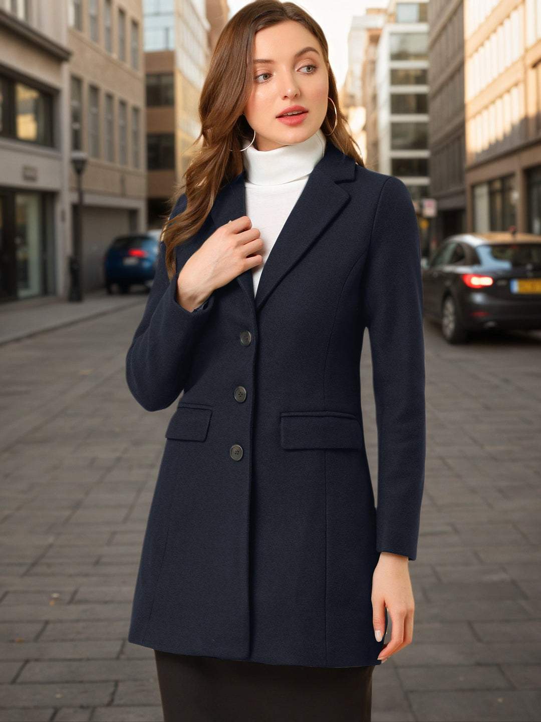 Women's Pea Coat Single-Breasted Notched Lapel Long Sleeve Regular Fit Mid Length