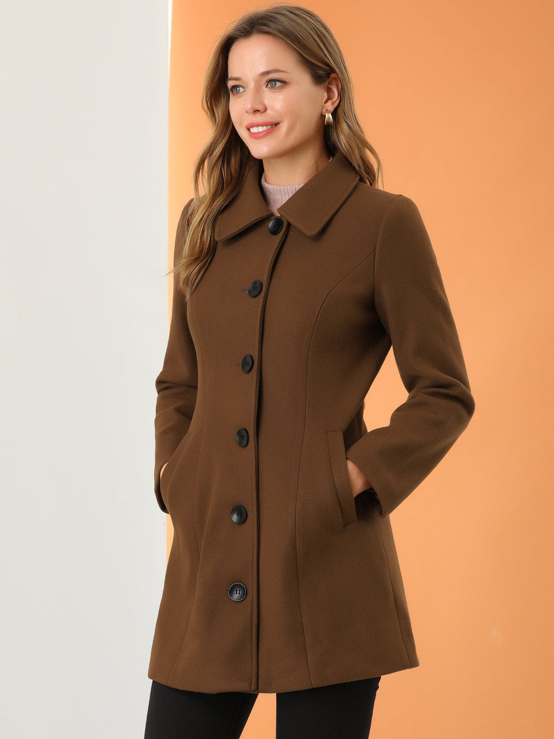 Women's Pea Coat Solid Single-Breasted Long Sleeve Regular Fit Mid Length