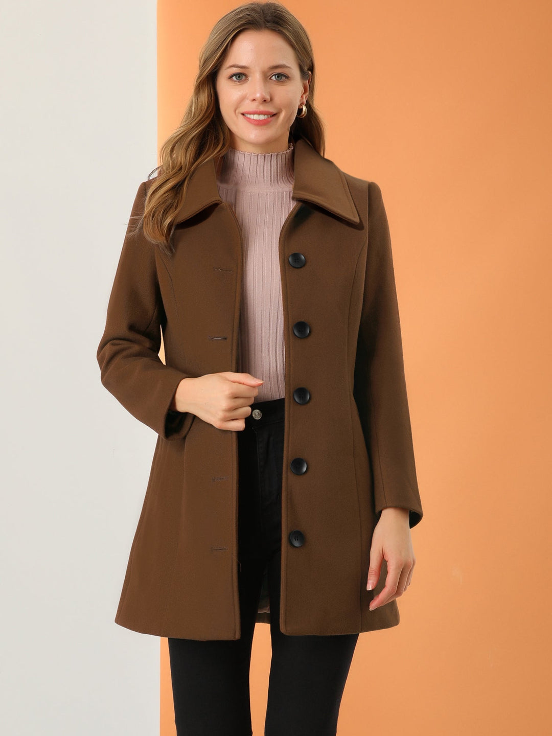 Women's Pea Coat Solid Single-Breasted Long Sleeve Regular Fit Mid Length