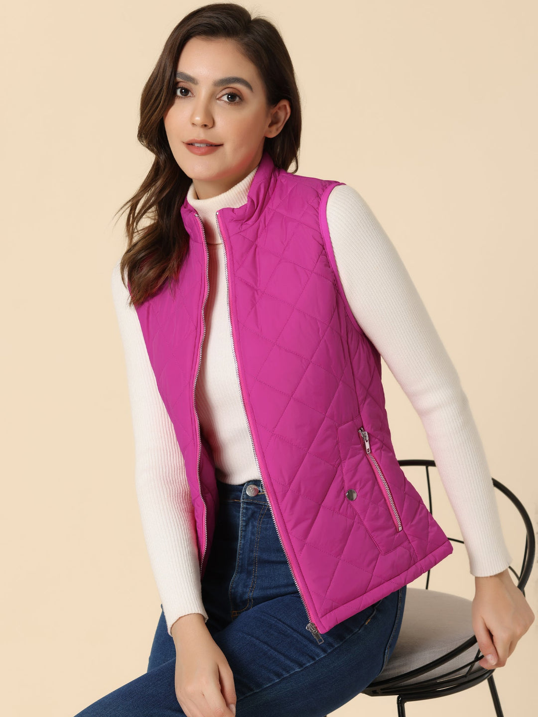 Women's Vest Quilted Lightweight Stand Collar Zip-Up Sleeveless Regular Fit