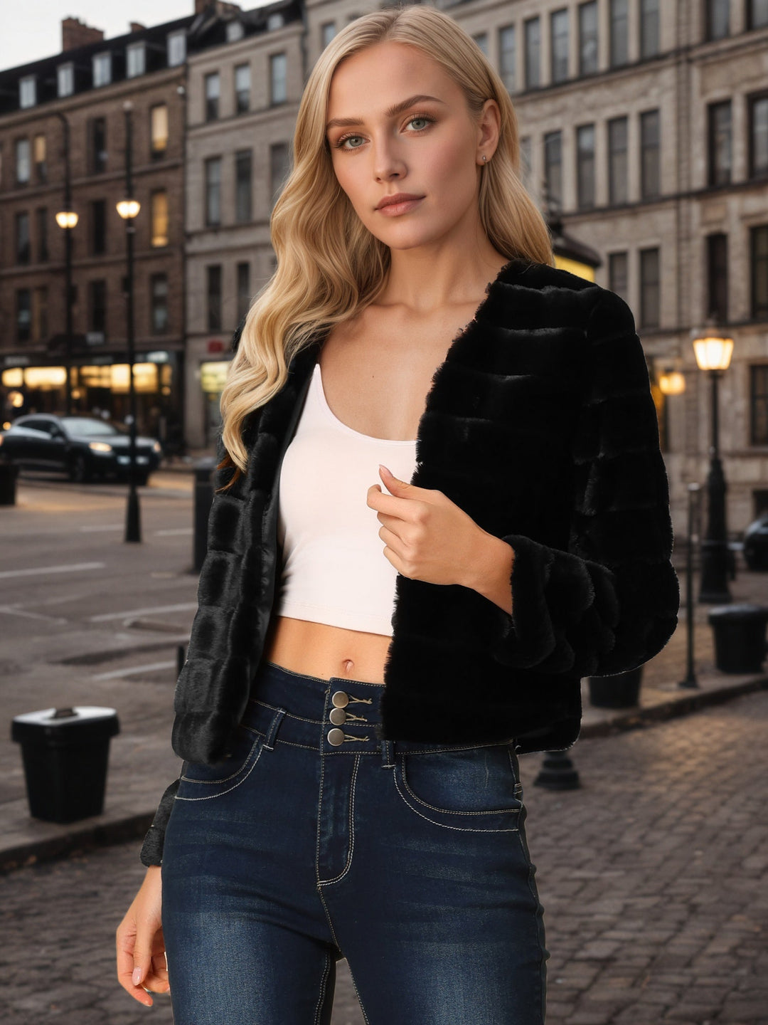 Women's Jacket Faux Fur Cropped Collarless Long Sleeve Regular Fit