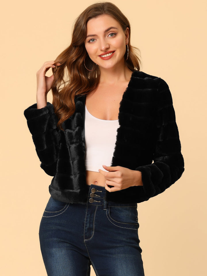 Women's Jacket Faux Fur Cropped Collarless Long Sleeve Regular Fit