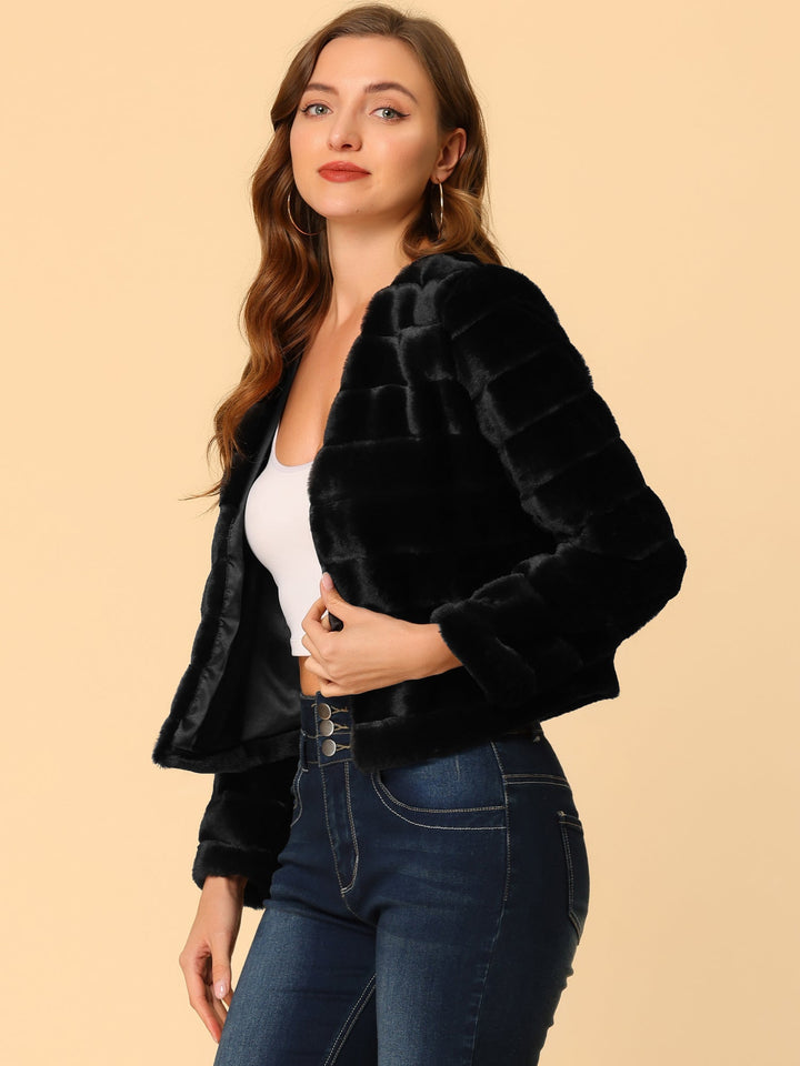 Women's Jacket Faux Fur Cropped Collarless Long Sleeve Regular Fit