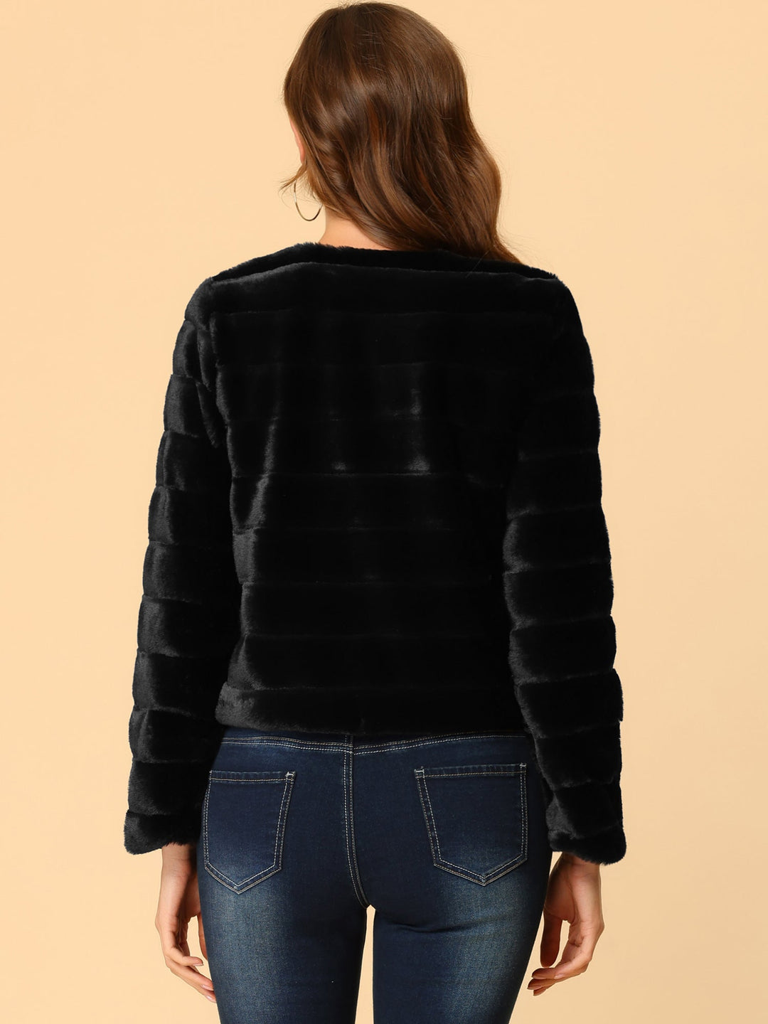 Women's Jacket Faux Fur Cropped Collarless Long Sleeve Regular Fit