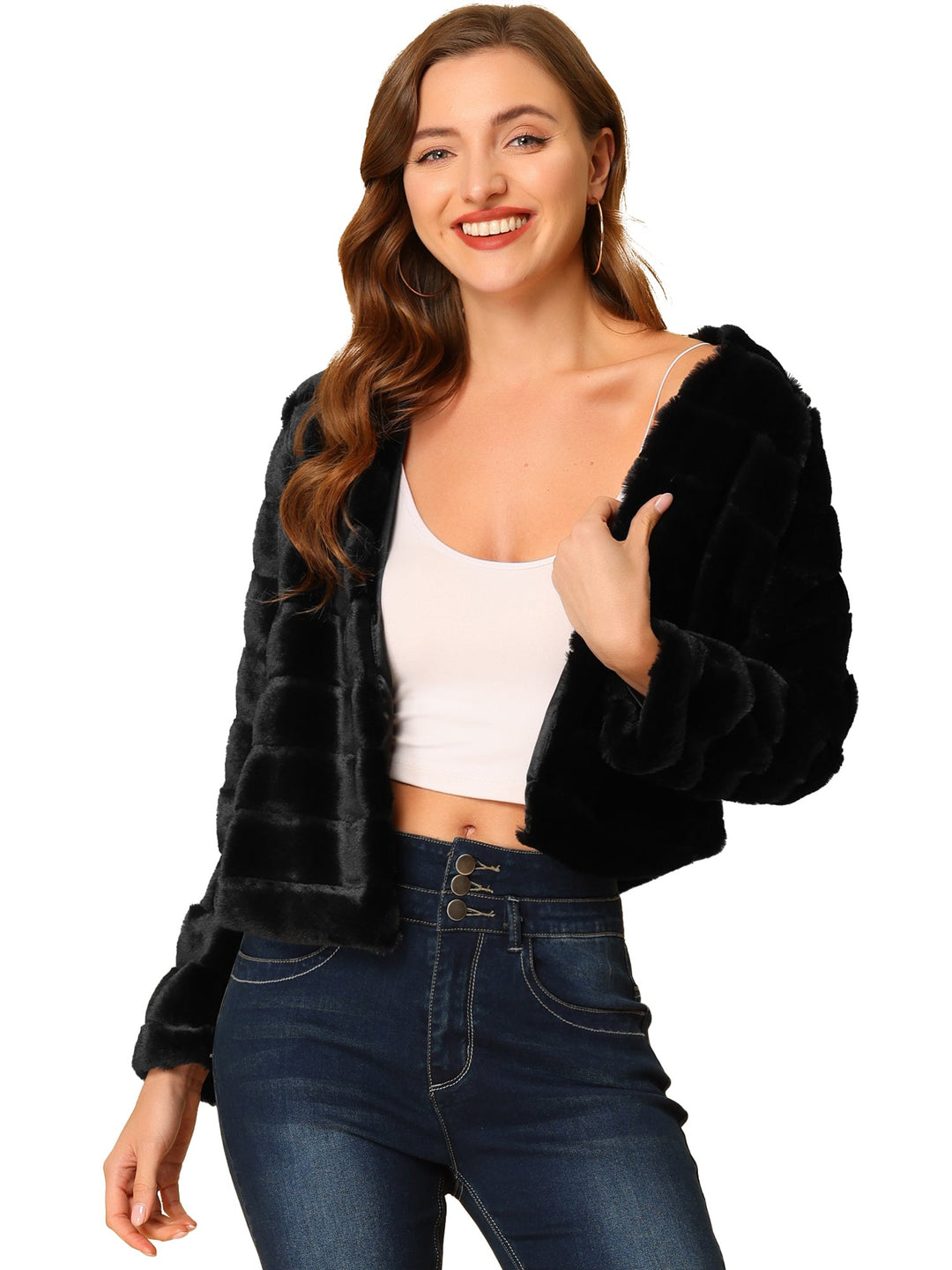 Women's Jacket Faux Fur Cropped Collarless Long Sleeve Regular Fit