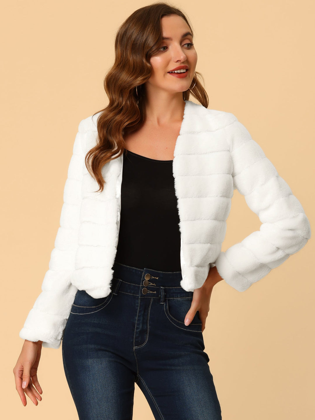 Women's Jacket Faux Fur Cropped Collarless Long Sleeve Regular Fit