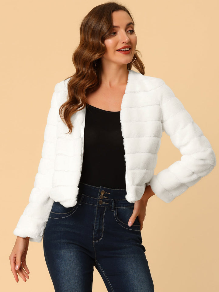 Women's Jacket Faux Fur Cropped Collarless Long Sleeve Regular Fit