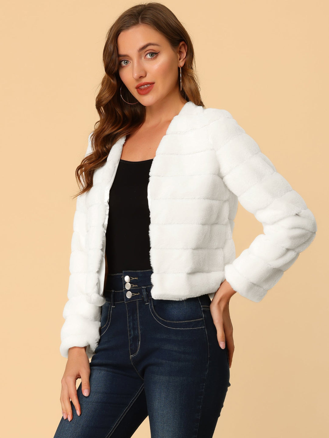 Women's Jacket Faux Fur Cropped Collarless Long Sleeve Regular Fit