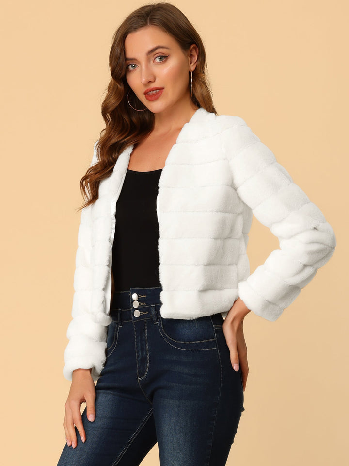 Women's Jacket Faux Fur Cropped Collarless Long Sleeve Regular Fit