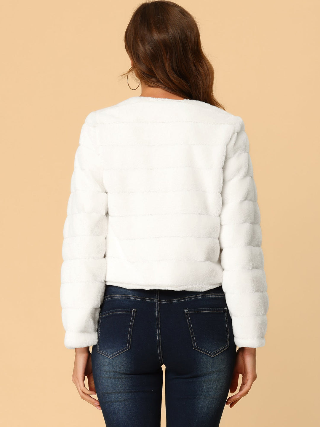 Women's Jacket Faux Fur Cropped Collarless Long Sleeve Regular Fit