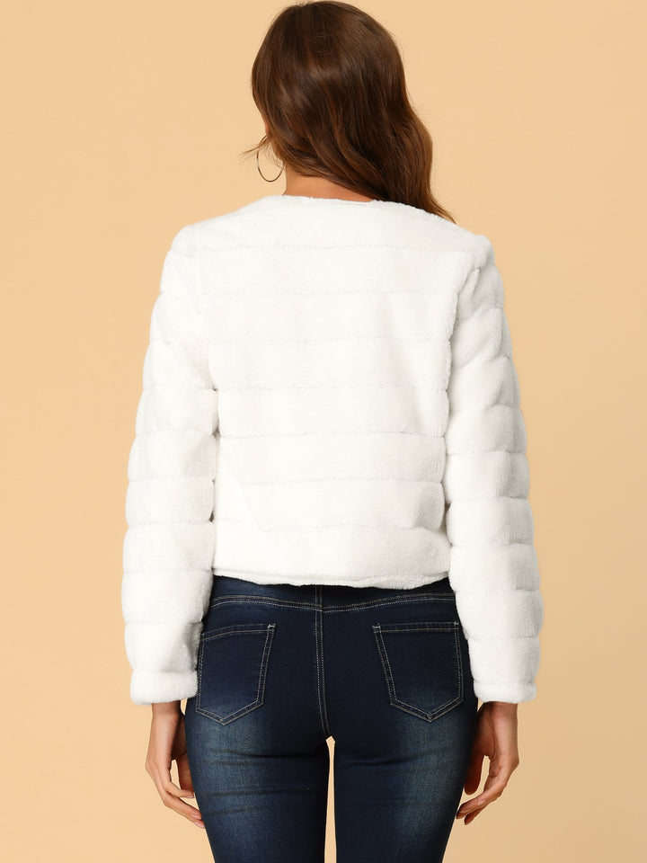 Women's Jacket Faux Fur Cropped Collarless Long Sleeve Regular Fit
