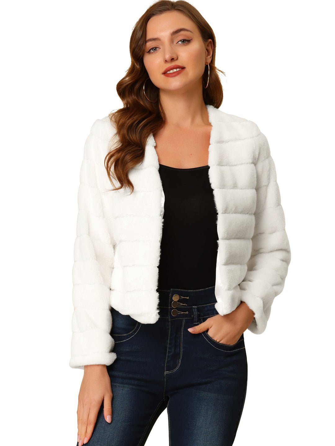 Women's Jacket Faux Fur Cropped Collarless Long Sleeve Regular Fit