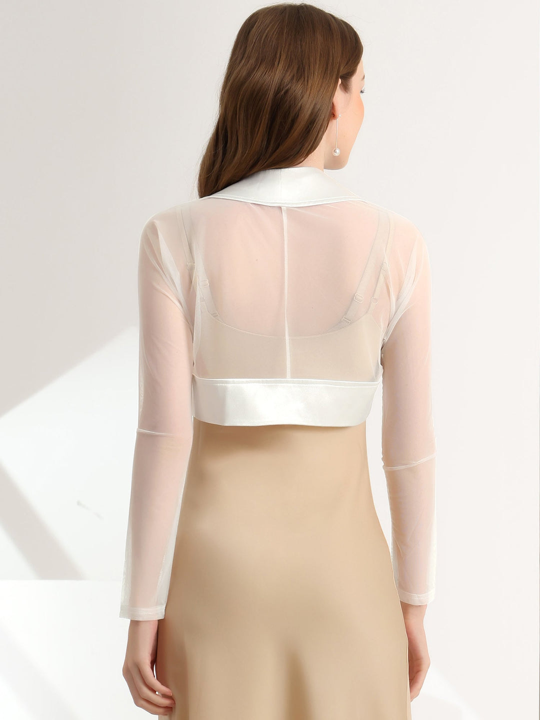 Women's Shrug Satin Mesh Sheer Open Front Cropped Long Sleeve