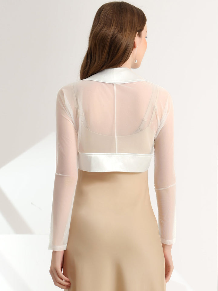 Women's Shrug Satin Mesh Sheer Open Front Cropped Long Sleeve