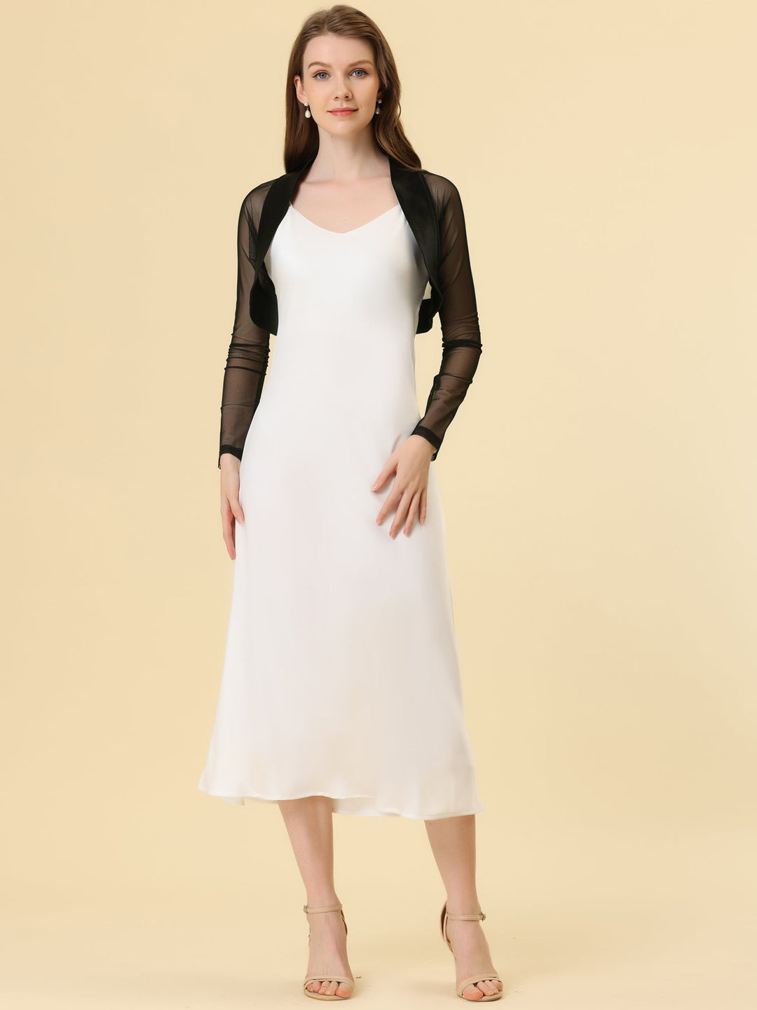 Women's Shrug Satin Mesh Sheer Open Front Cropped Long Sleeve