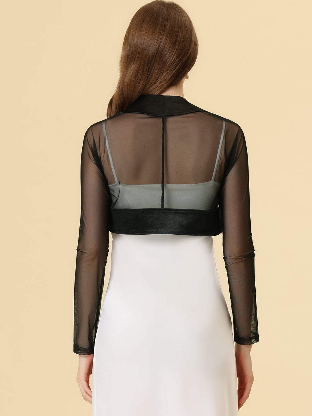 Women's Shrug Satin Mesh Sheer Open Front Cropped Long Sleeve