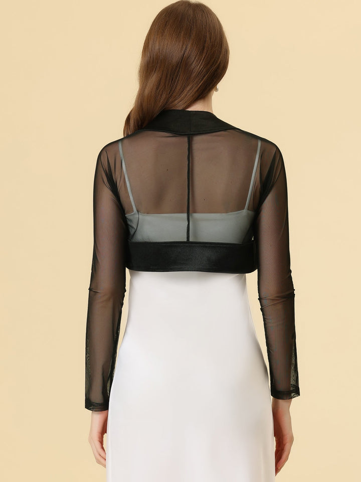 Women's Shrug Satin Mesh Sheer Open Front Cropped Long Sleeve