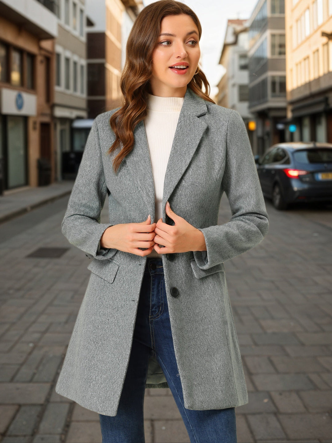 Women's Pea Coat Single-Breasted Notched Lapel Long Sleeve Regular Fit Mid Length