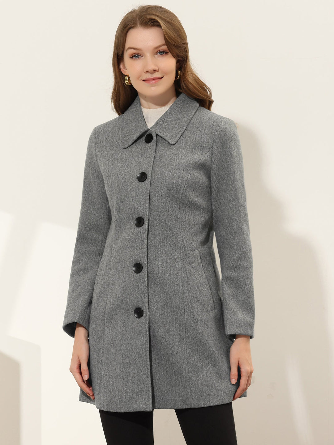 Women's Pea Coat Solid Single-Breasted Long Sleeve Regular Fit Mid Length