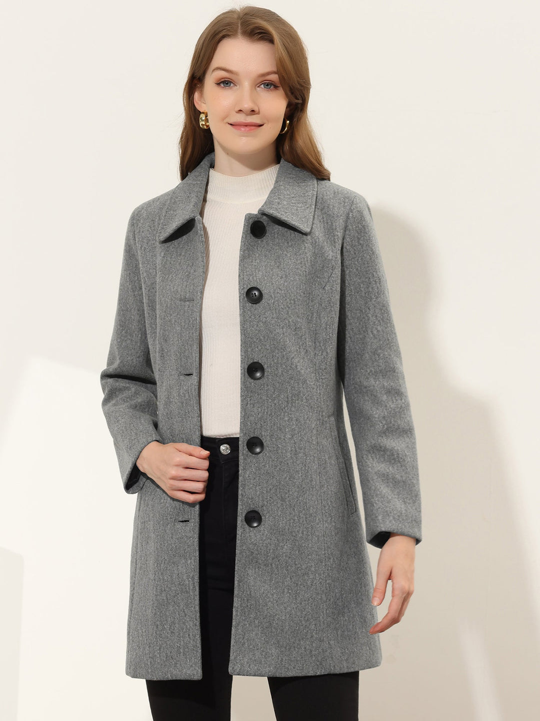 Women's Pea Coat Solid Single-Breasted Long Sleeve Regular Fit Mid Length