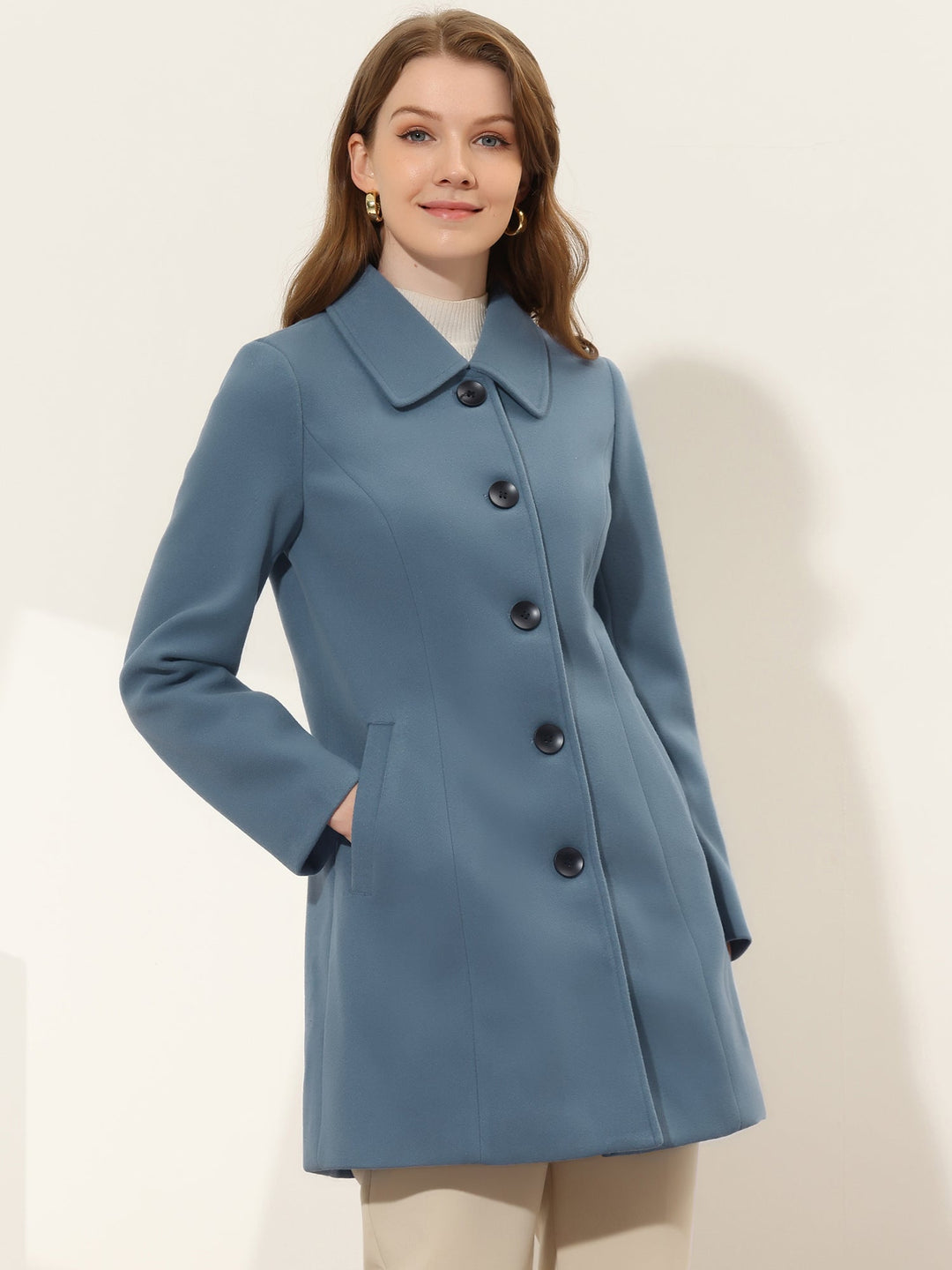 Women's Pea Coat Solid Single-Breasted Long Sleeve Regular Fit Mid Length