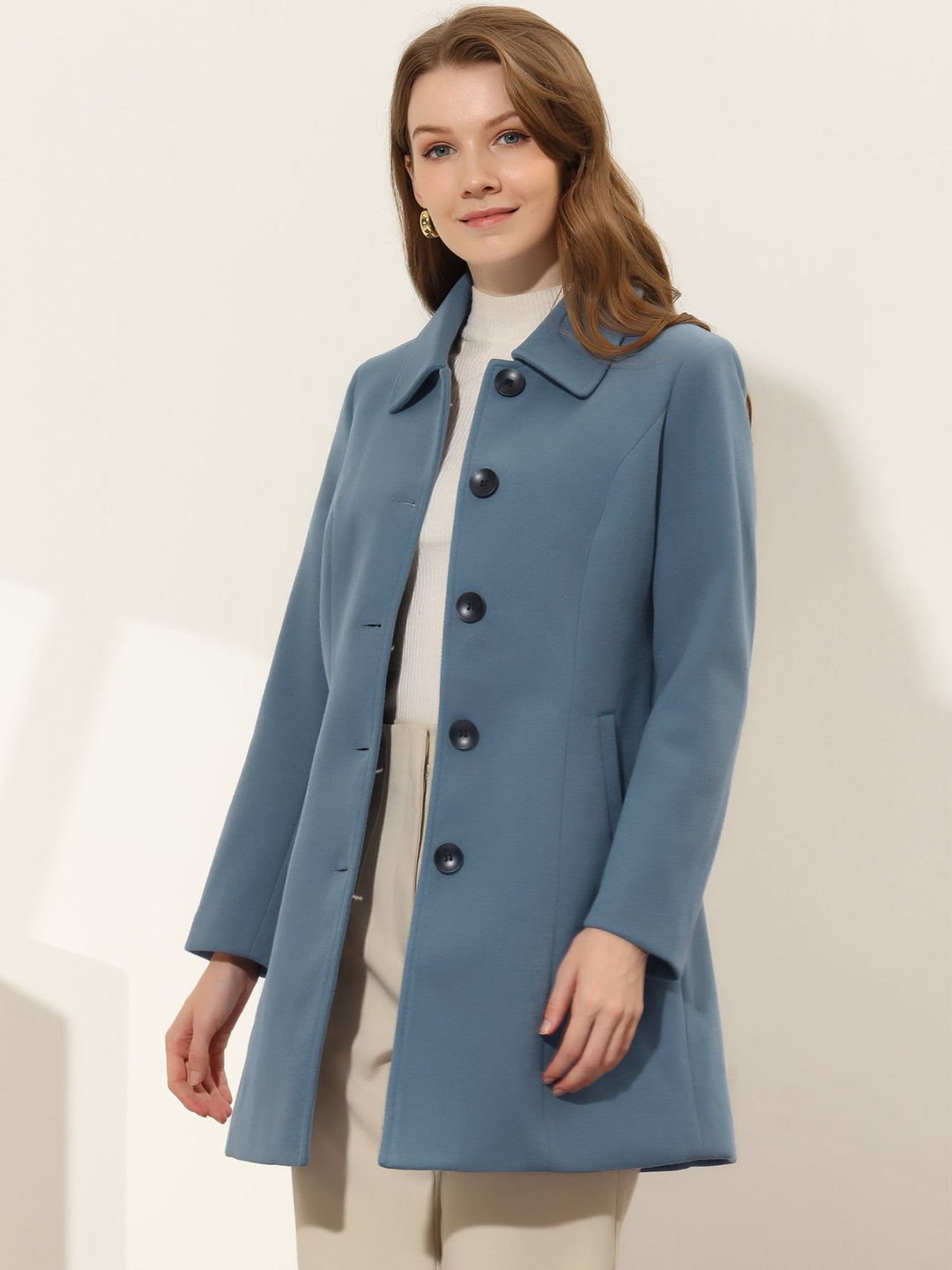 Women's Pea Coat Solid Single-Breasted Long Sleeve Regular Fit Mid Length