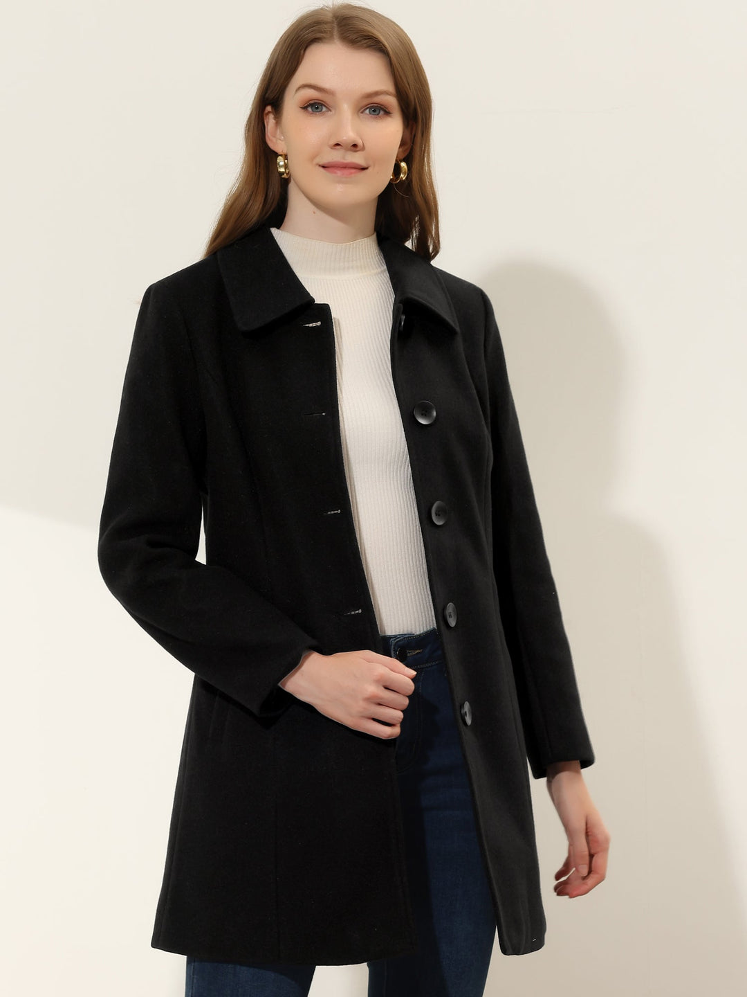 Women's Pea Coat Solid Single-Breasted Long Sleeve Regular Fit Mid Length