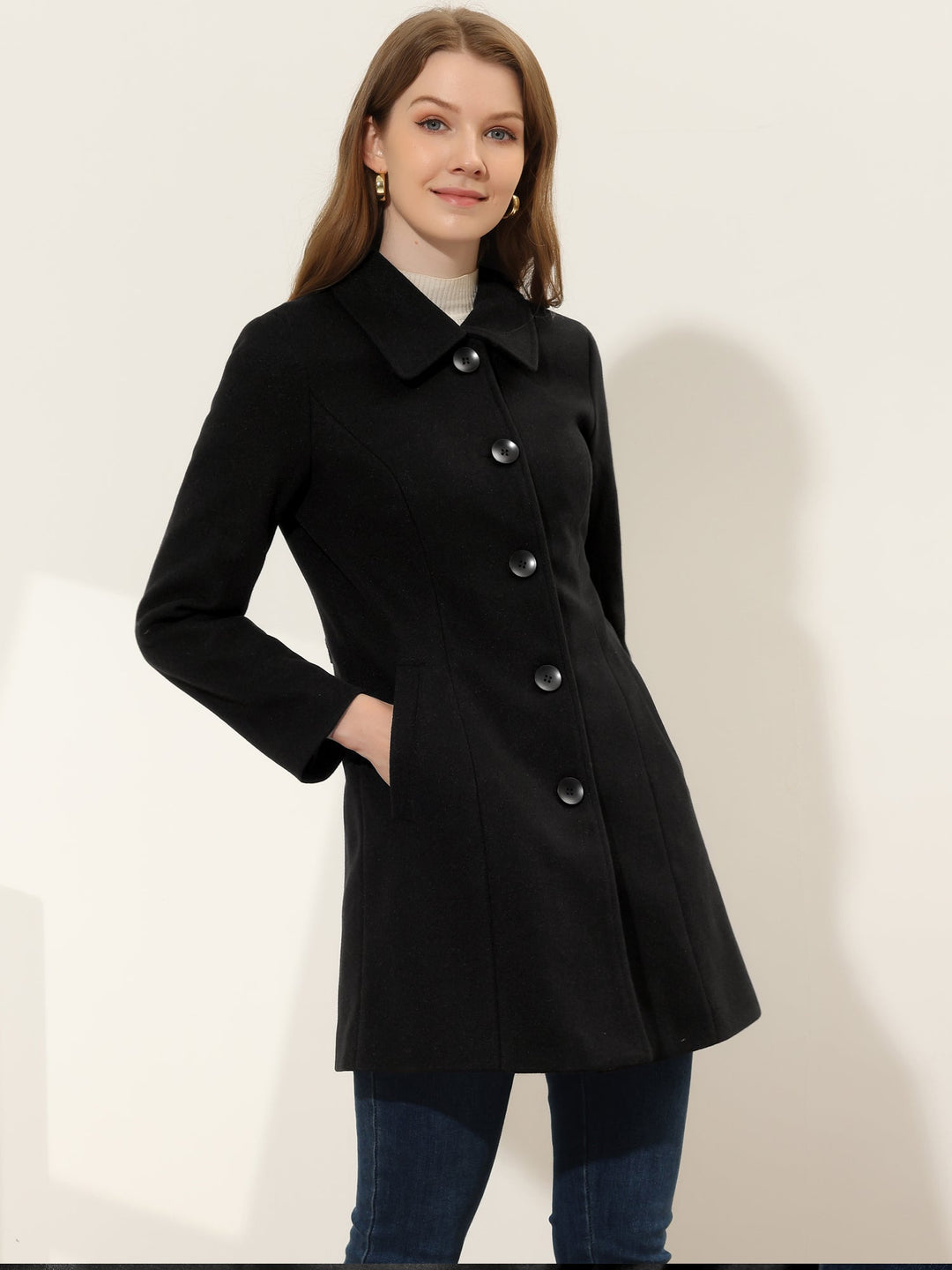 Women's Pea Coat Solid Single-Breasted Long Sleeve Regular Fit Mid Length